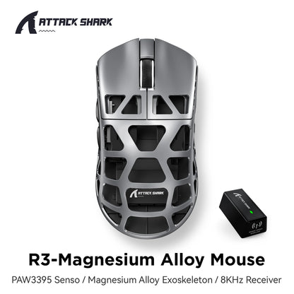 Mouse gaming ATTACK SHARK R3 din aliaj de magneziu cu design tip fagure, ultra-ușor, 8K Hz, senzor PAW3395, 26000 DPI, carcasă ergonomică