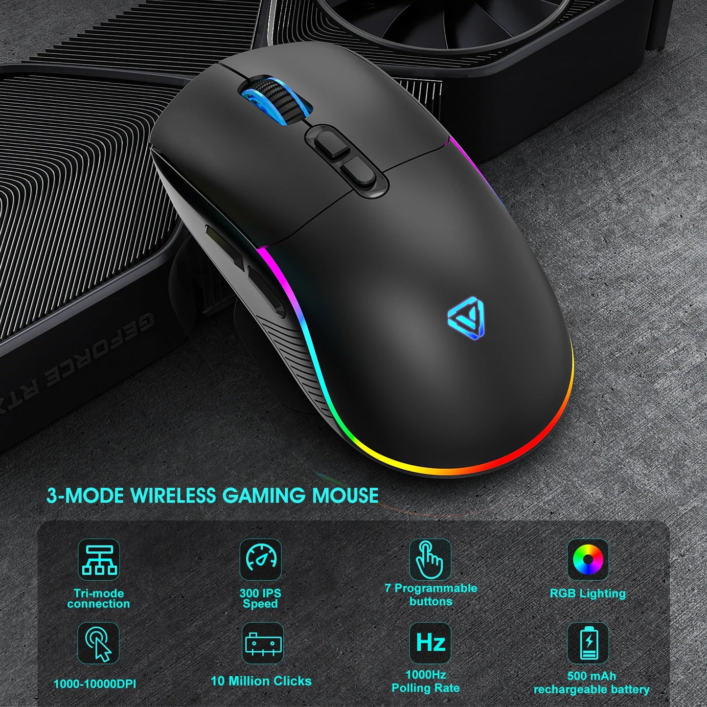 Mouse tri-mod 2.4G wireless/Bluetooth/cu fir, DPI reglabil pe 6 trepte, baterie 500mAh, iluminare RGB, mouse esports pentru gaming, macro și birou