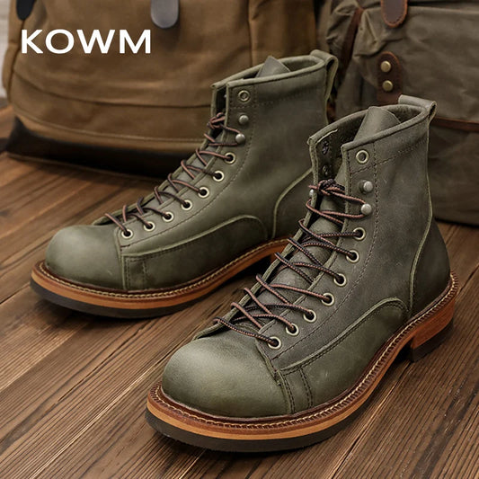 KOWM Cowhide Hiking Shoes Men's Walking Boot British Trekking Shoes Thick-Soled Cowhide High-Top Motorcycle Boots Ankle Sneakers