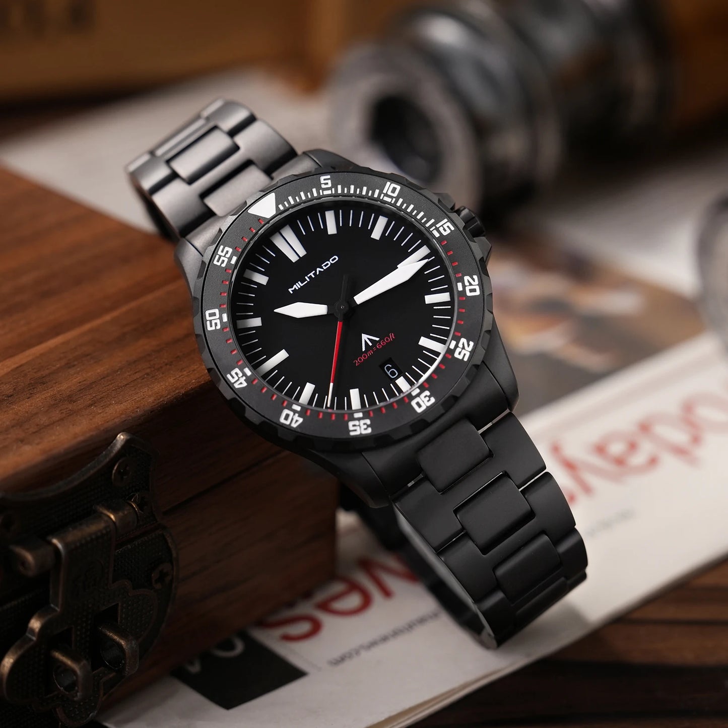 Militado ML16 PVD Black Quartz Wrist Watches VH31/Ronda 515 39Mm Retro Watch Sapphire Luminous BGW9 200M Waterproof Dive Watch