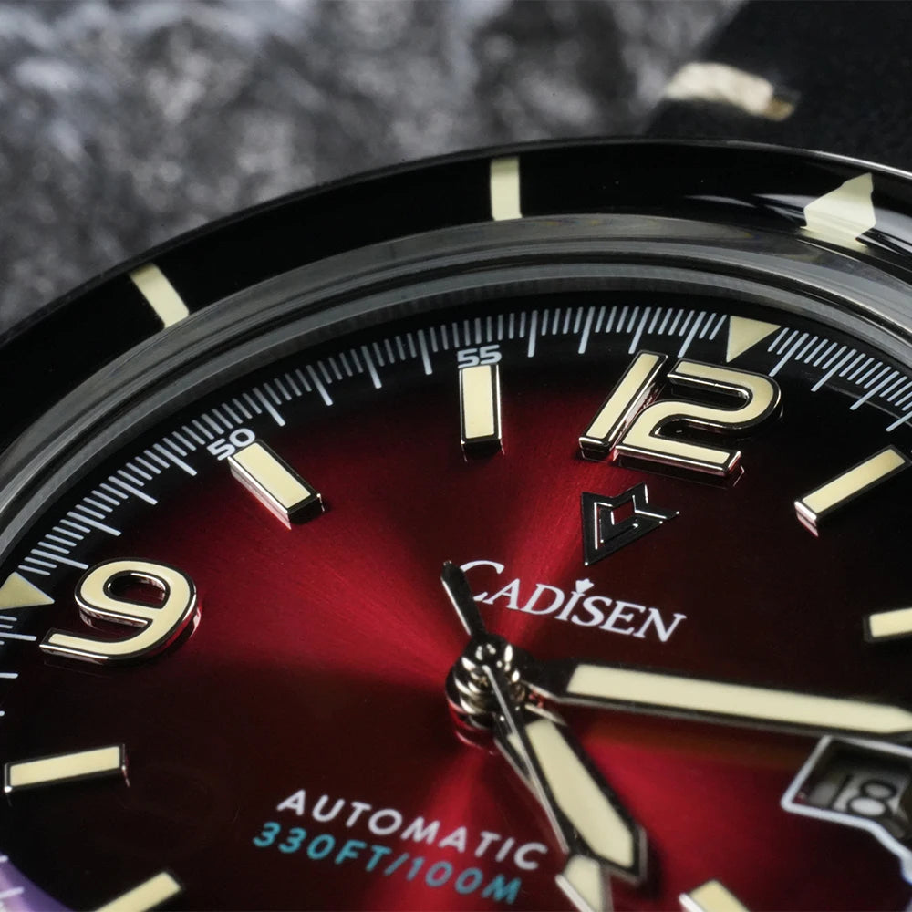 CADISEN 2026 Watch Men Mechanical Wristwatches MIYOTA 8215 Movement Genuine Leather Strap Waterproof Luminous Red Mens Watches