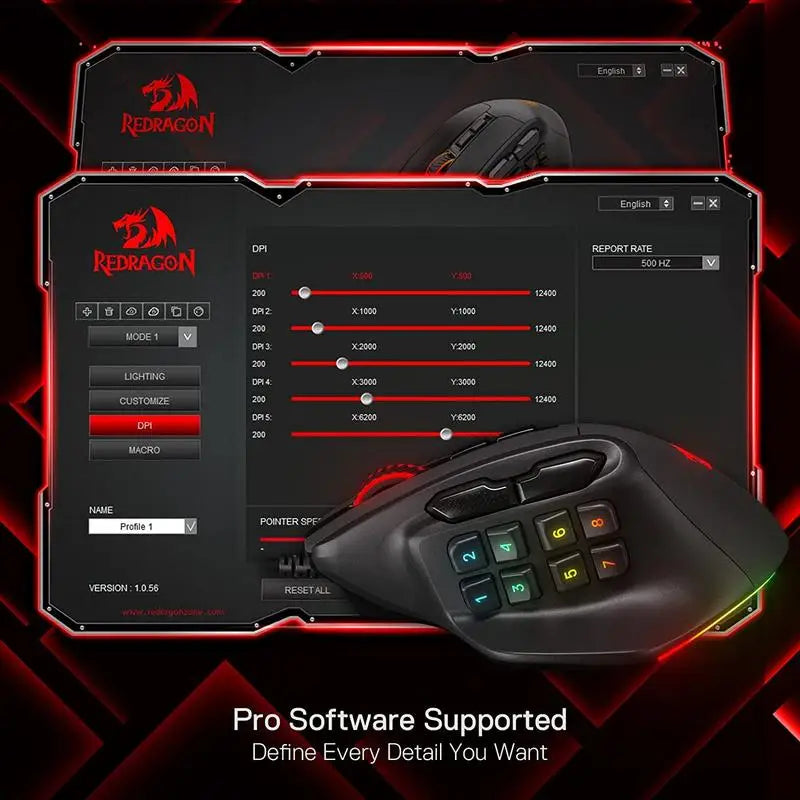 Redragon M811 Aatrox MMO Gaming Mouse, Wired RGB Gaming Mouse with 15 Programmable Buttons, 12400 DPI Ergonomic Optical Gamer Mouse