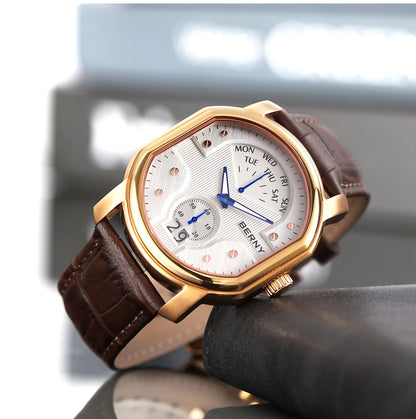 BERNY Tonneau Classic Men's Watch Quartz Luxury Top Watches Ronda 7004N Day Stainless Steel Sapphire Pendulum Dial Watch for Men