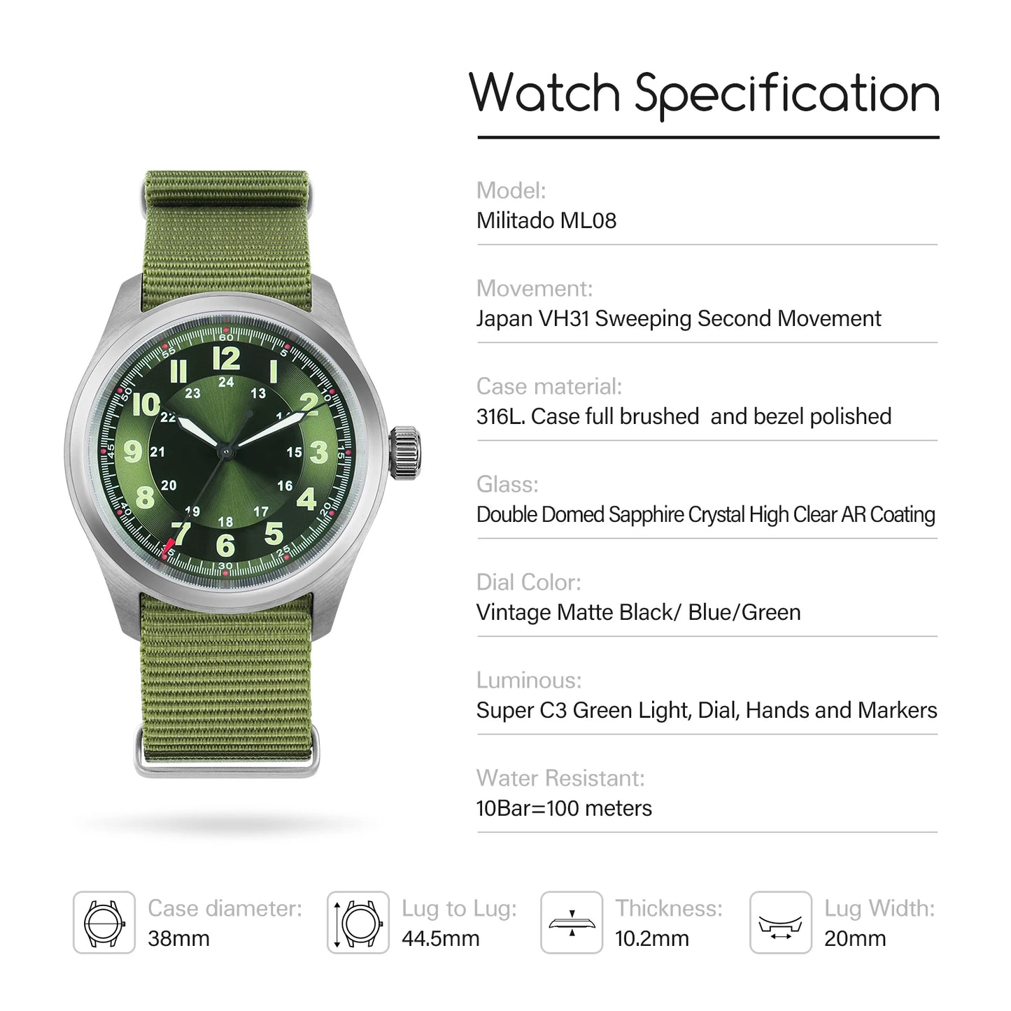 Militado ML08 38mm Quartz Watch VH31 Movement Double Domed Sapphire Crystal Wristwatch Super C3 Green Luminous Vintage Watches