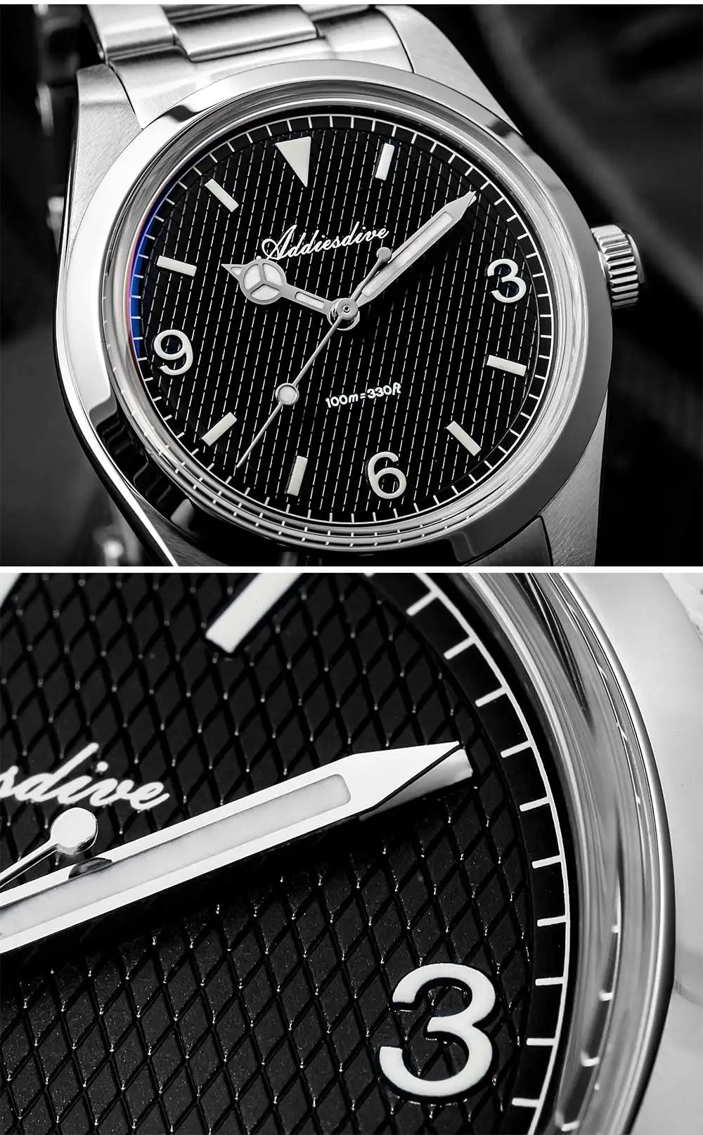 ADDIESDIVE New Men's Analog Watch Bubble Mirror Glass 100m Luminous Men's Quartz Watches with Stainless Steel Bracelet AD2096
