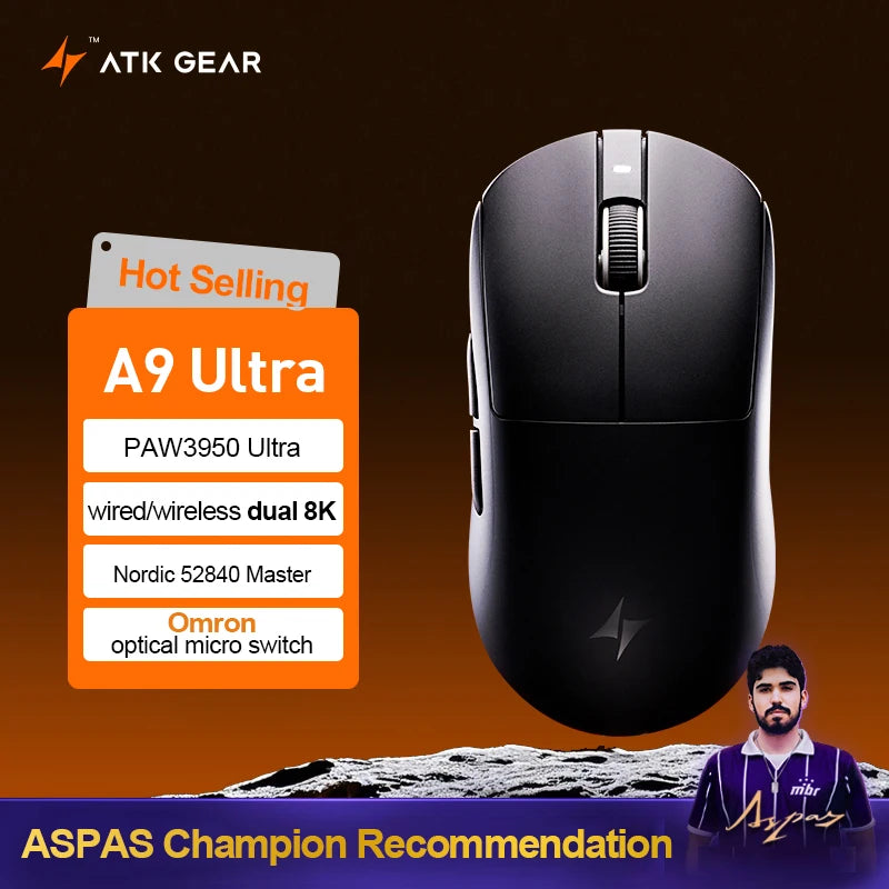 ATK Dragonfly A9 Ultra Wireless Gaming Mouse PAW3950, Tri-Mode 8K Gaming Mouse, Ultra-Lightweight Ergonomic Wireless Gaming Mouse for FPS & Esports