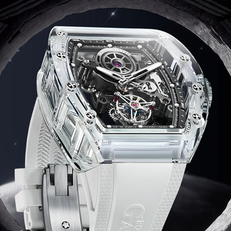 BONEST GATTI Luxury Men Automatic Tourbillon Watch Hollow Out Dial Crystal Case Sapphire Luminous Rubber Strap Wristwatch