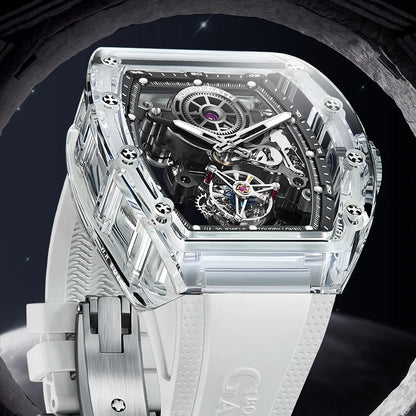 BONEST GATTI Luxury Men Automatic Tourbillon Watch Hollow Out Dial Crystal Case Sapphire Luminous Rubber Strap Wristwatch