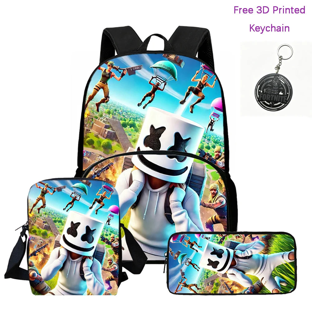 FORTNITE 3-Piece Lightweight Backpack Set with Front Pocket, Crossbody Bag & Pencil Case for Ages 5-10 Boys and Girls, Includes Free 3D Printed Keychain