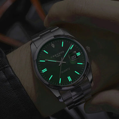 CHRONOS men’s wristwatch – Luxury brand, water-resistant, luminous, with date display, made of stainless steel, quartz movement.