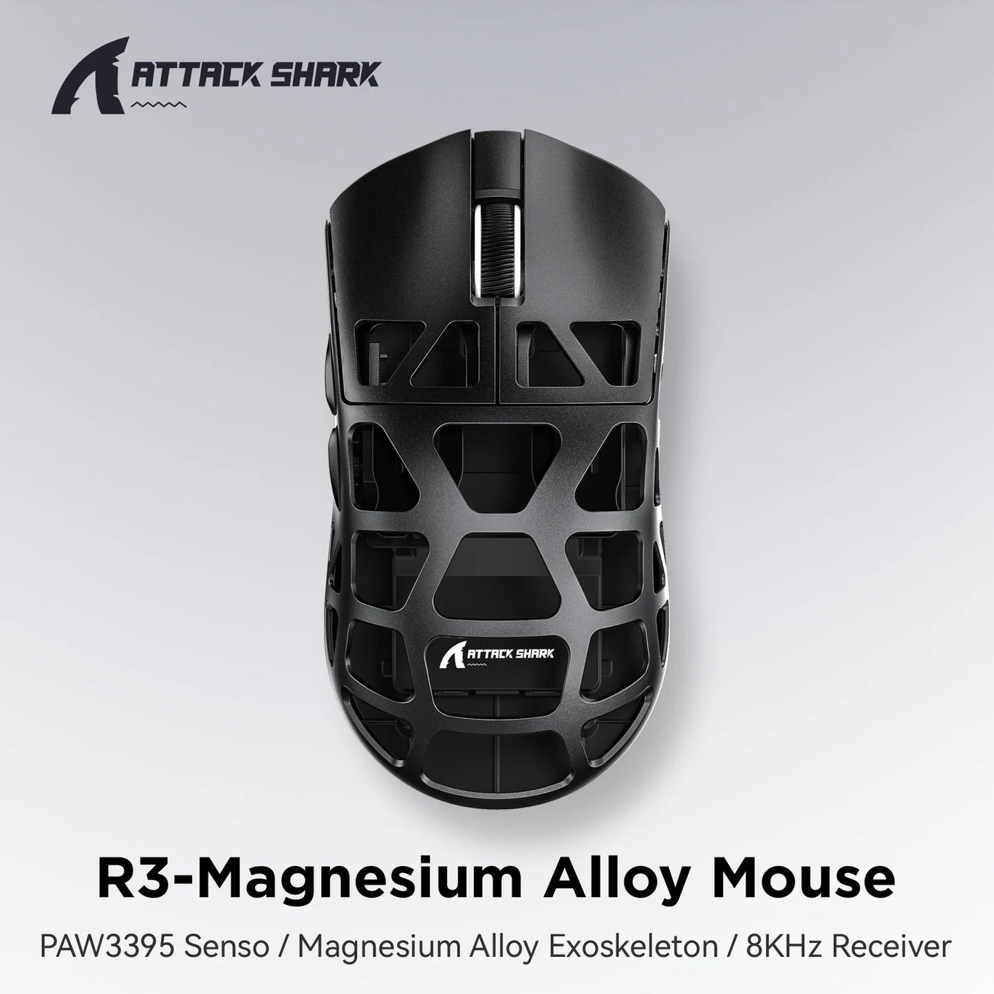 Rato ATTACK SHARK R3 8KHz em liga de magnésio, sensor PixArt PAW3395, até 26000 DPI, 2.4G/BT/com fios, ultraleve de 46g, para PC/Mac