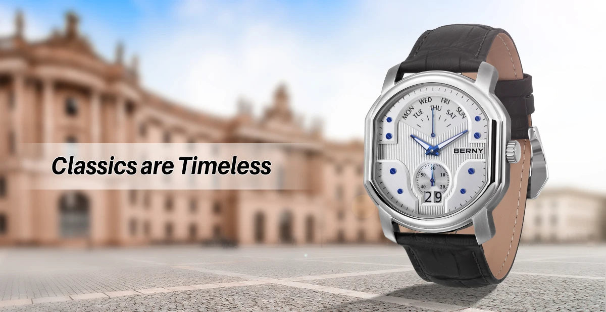 BERNY Tonneau Classic Men's Watch Quartz Luxury Top Watches Ronda 7004N Day Stainless Steel Sapphire Pendulum Dial Watch for Men
