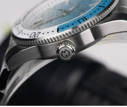 Relógio de Mergulho Automático WISHDOIT para Homem com Mostrador Azul-Oceano e Branco Ondulado, Movimento 8215 e Vidro Safira