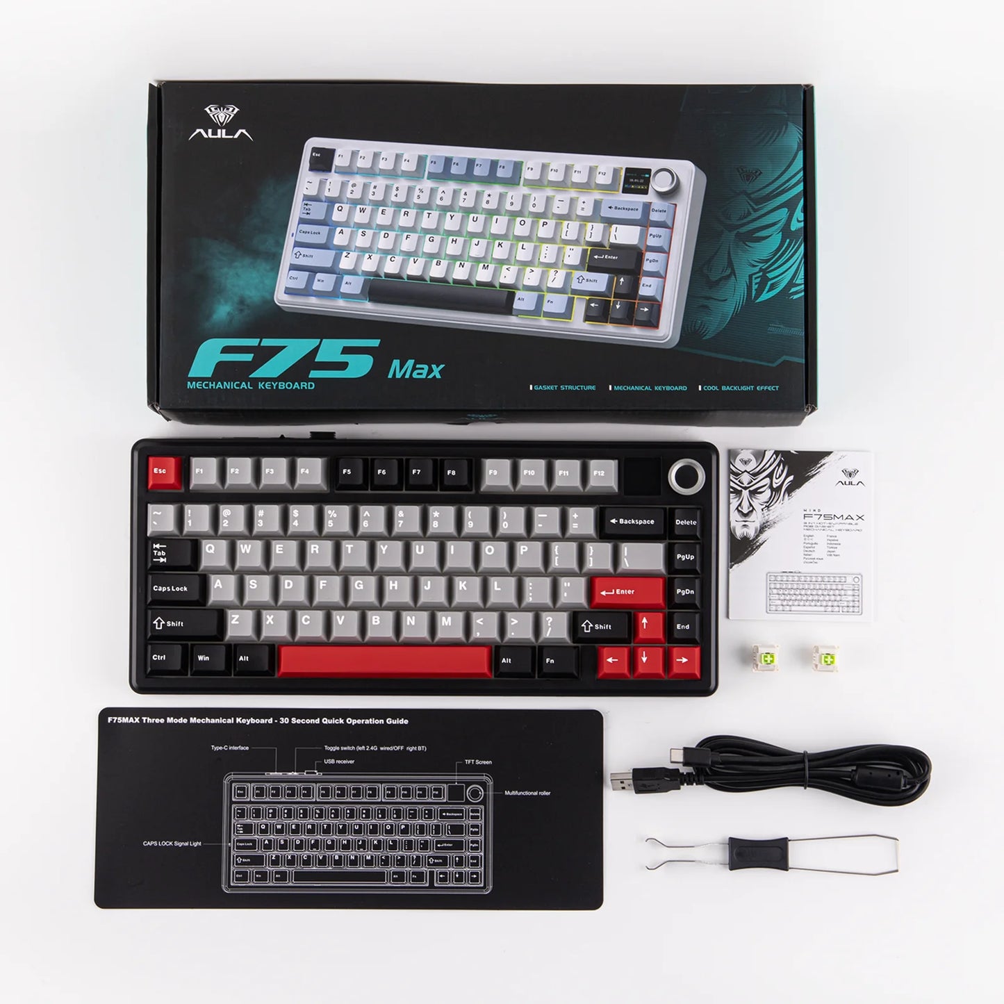 EPOMAKER X AULA F75 MAX Compact 75% Wired/BT5.0/2.4GHz Wireless Mechanical Gaming Keyboard with TFT Screen & Knob for PC/Mac