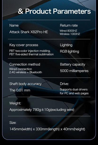 ATTACK SHARK X82Pro HE Wireless Magnetic Axis Gaming Keyboard 8KHz Rate 0.01mm RT Precision 5000mAh Tri Mode RGB 82 Keys PBT