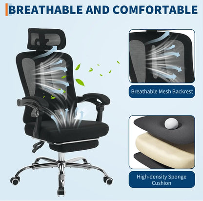Ergonomic High Back Mesh Gaming Chair with Retractable Footrest, Adjustable Headrest & Lumbar Support, Spacious Comfortable Office Desk Chair with Wheels, Swivel Computer Seating for Home Study & Work, Large Size, Black