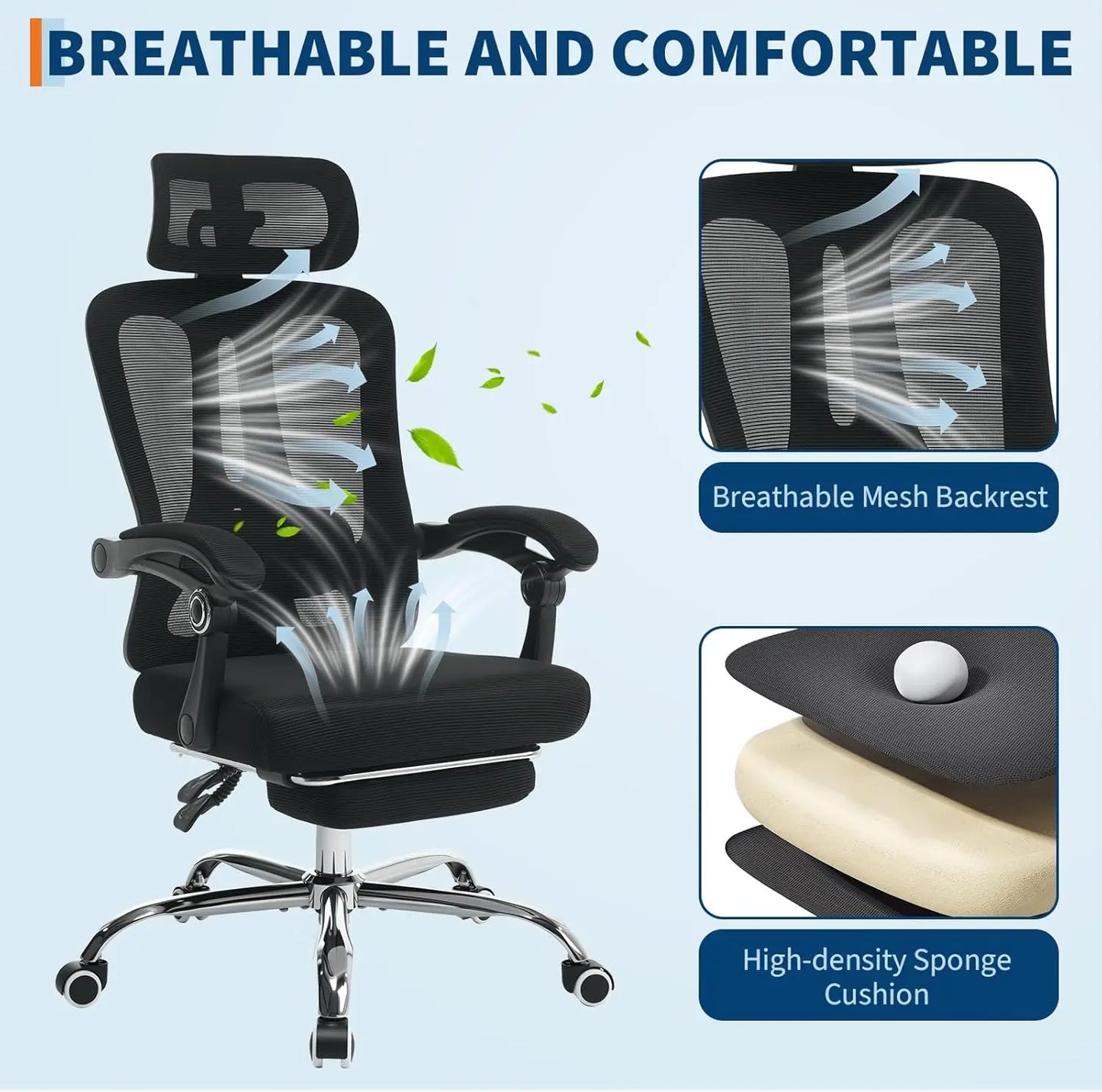 Ergonomic High Back Mesh Gaming Chair with Retractable Footrest, Adjustable Headrest & Lumbar Support, Spacious Comfortable Office Desk Chair with Wheels, Swivel Computer Seating for Home Study & Work, Large Size, Black