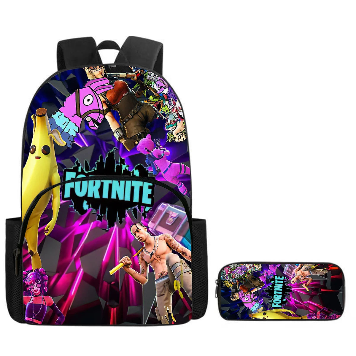 Fortnite Cartoon 2-Piece Set Backpack with Front Pocket Pencil Case Unisex Large Capacity School Bag Ages 5-8