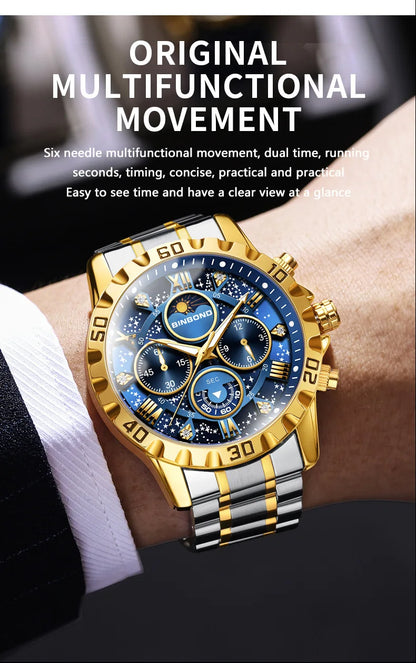 2026 Men Watch Light Luxury Business Steel Belt Moonphase Starry Night Light Waterproof Men's Fashion Quartz Clock Watches Gift