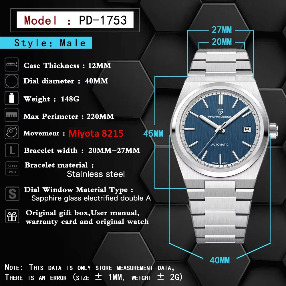 Pagani Design Men's Fashion Automatic Mechanical Watch Miyota8215 Luxury Sapphire AR Coated Stainless Steel Waterproof