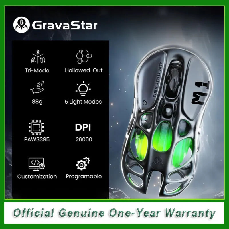 GravaStar Mercury M1 Pro Wireless Gaming Mouse 26000 DPI, Tri-Mode Wired, 2.4GHz & Bluetooth Gaming Mouse with GLOWSYNC RGB