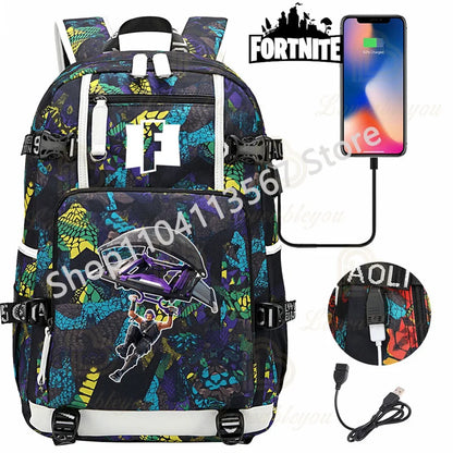 Mochila Red Jade F-Fortnited Battle Royale com carregamento USB, figuras anime e compartimento para material escolar para estudantes