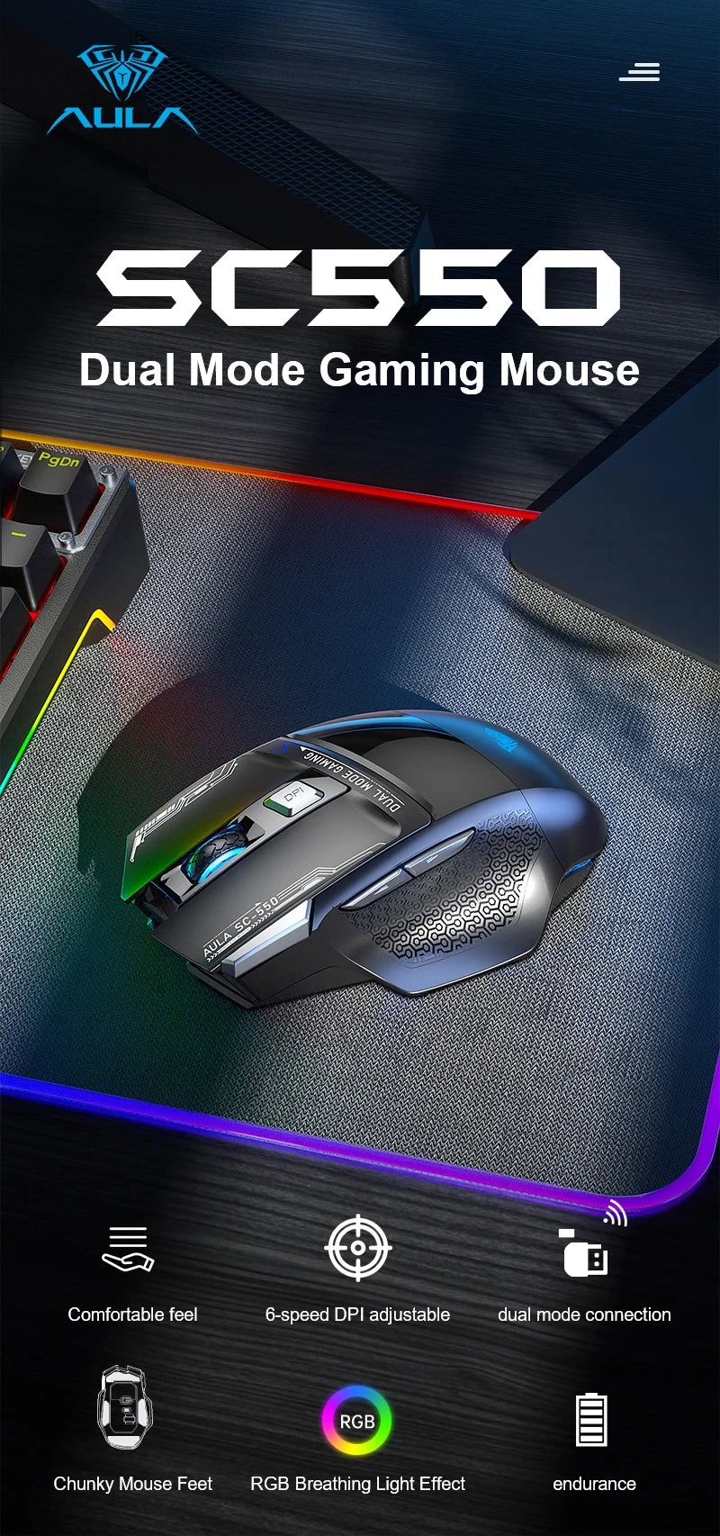 AULA SC550 Wireless Gaming Mouse Dual-mode Rechargeable Luminous Mechanical gaming mouse for Desktop/laptop E-sports USB Mouse
