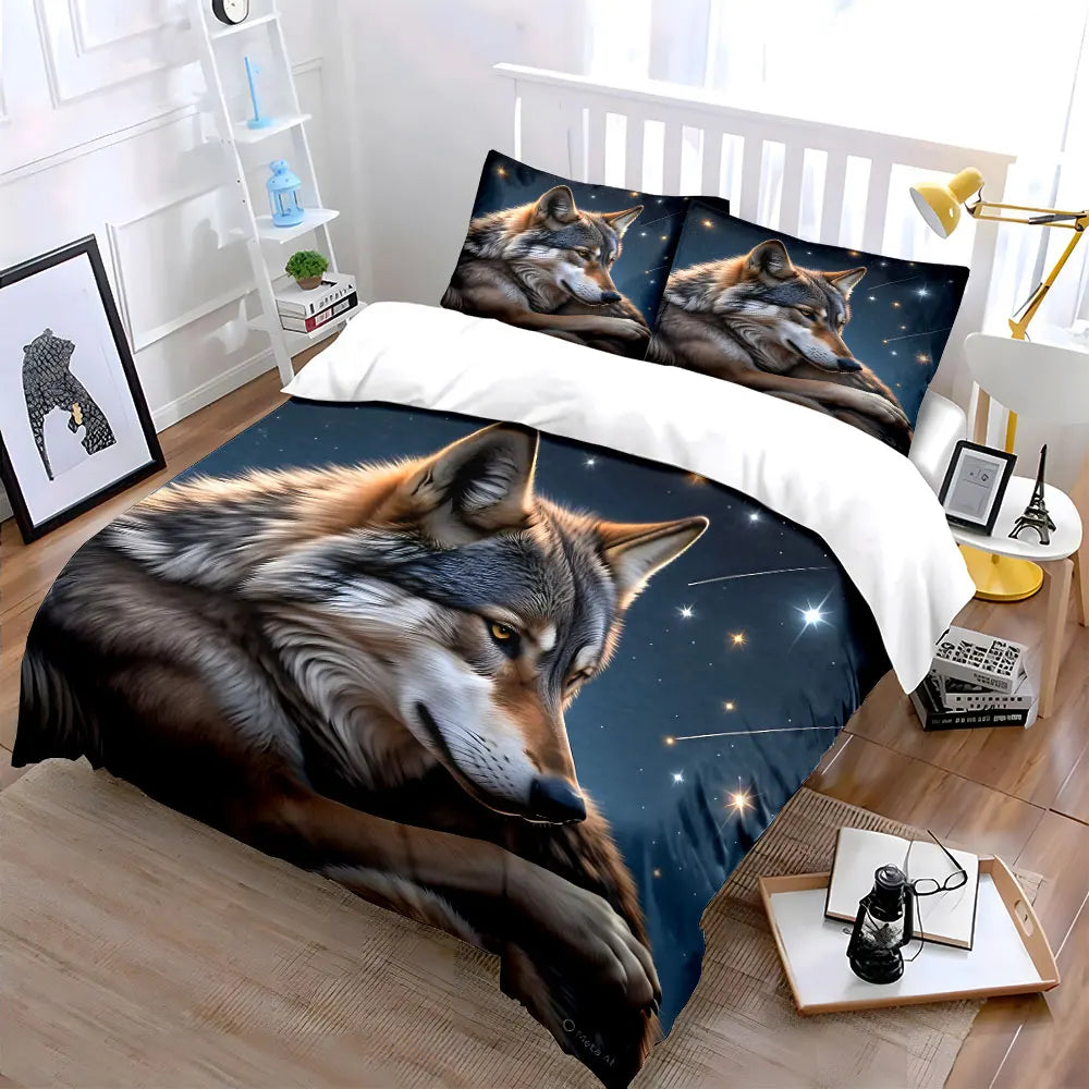 Wolf with Starry Background Print Bedding Set 1 Duvet Cover 2 Pillowcases for Adult and Children Luxury Gift Full Size