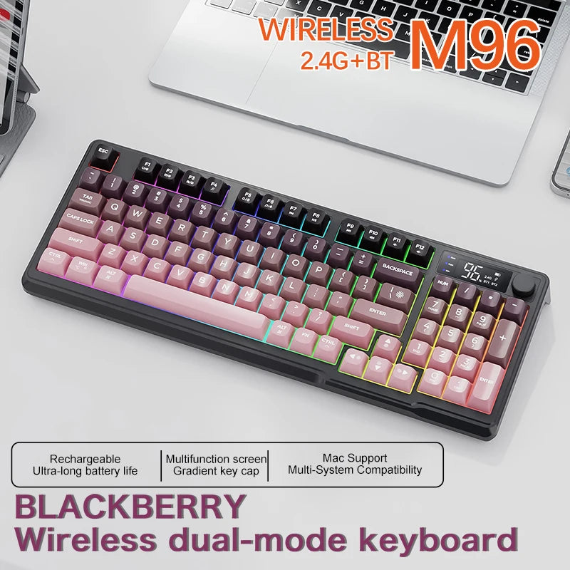 FreeWolf M96 Wireless Keyboard with Screen, Gaming Keyboard Bluetooth Dual-Mode Connection, Multi-Device Linking, Ergonomic