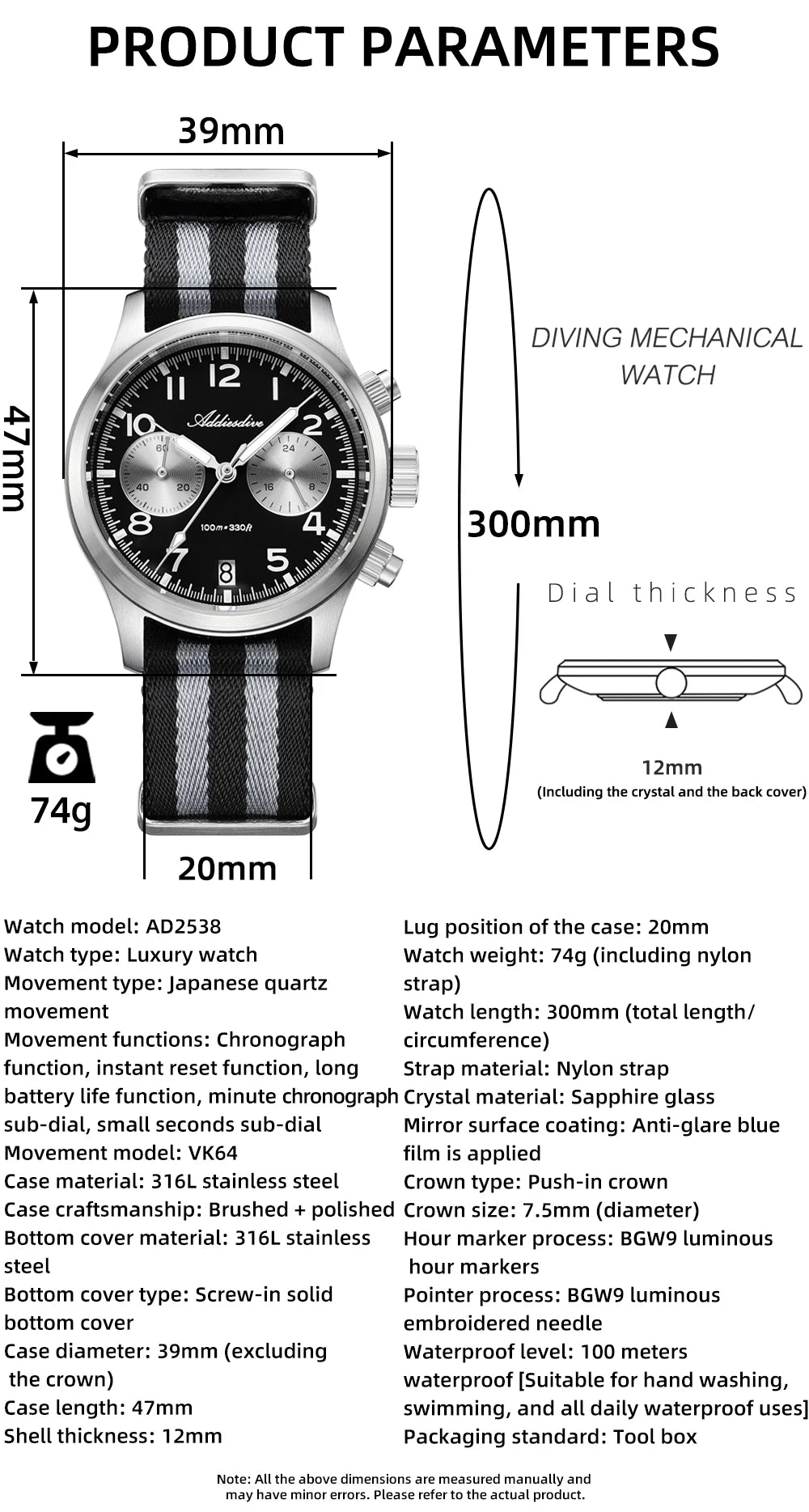 ADDIESDIVE 2025 New Panda Eye Men's Watches Retro Luxury VK64 Quartz Watch For Men Sport Chronograph 100M Waterproof Luminous