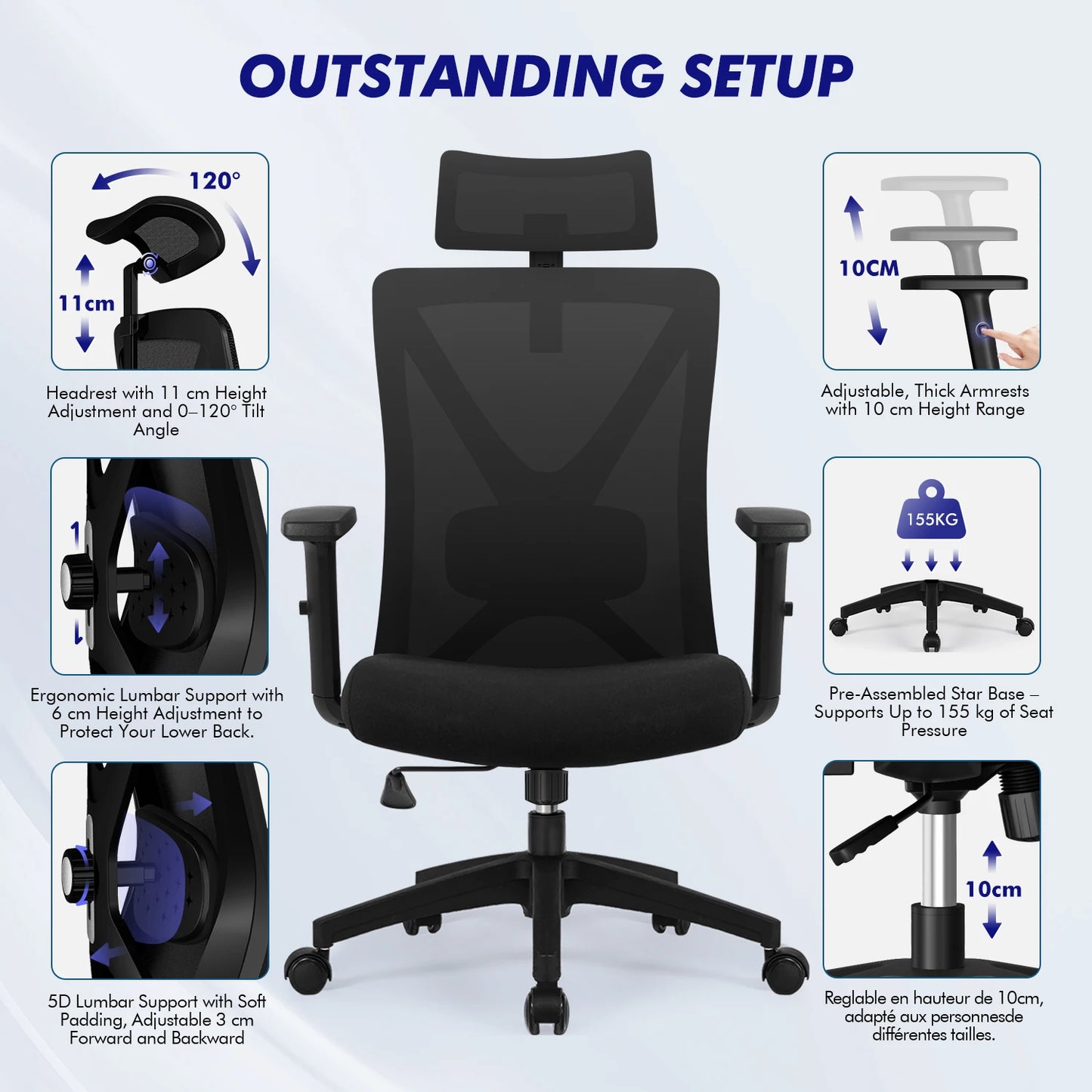 AUTHMIC Ergonomic Office Chair Mesh Back, 5D Lumbar Support, Reclining 90–135°, Adjustable Armrest & Headrest for Home Office