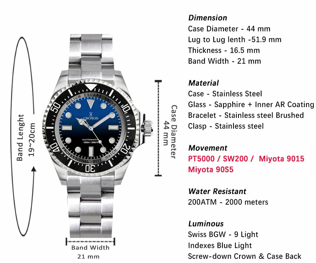 Cronos Automatic Diving Watch Stainless Steel 2000 Meters Water Resistance Professional Diver PT5000 SW200 Miyota9015 90S5 L6027M