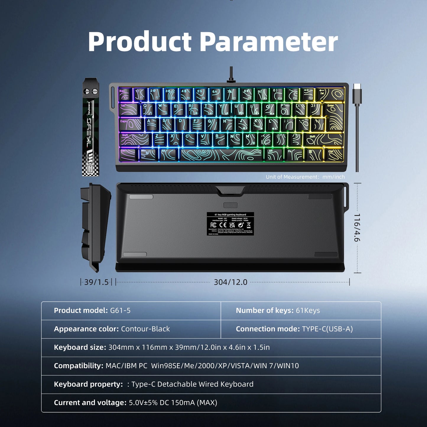 60% compact wired keyboard with RGB backlighting and gradient keycaps suitable for Windows tablets, laptops, and gamers.