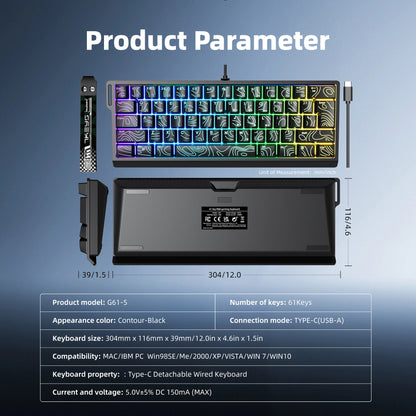 60% compact wired keyboard with RGB backlighting and gradient keycaps suitable for Windows tablets, laptops, and gamers.