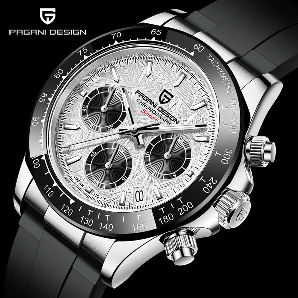 PAGANI DESIGN V2 40MM Herrenuhr mit Meteorit-Zifferblatt, Quarzwerk, Saphirglas, Retro-Chronograph, wasserdichte Uhr für Herren