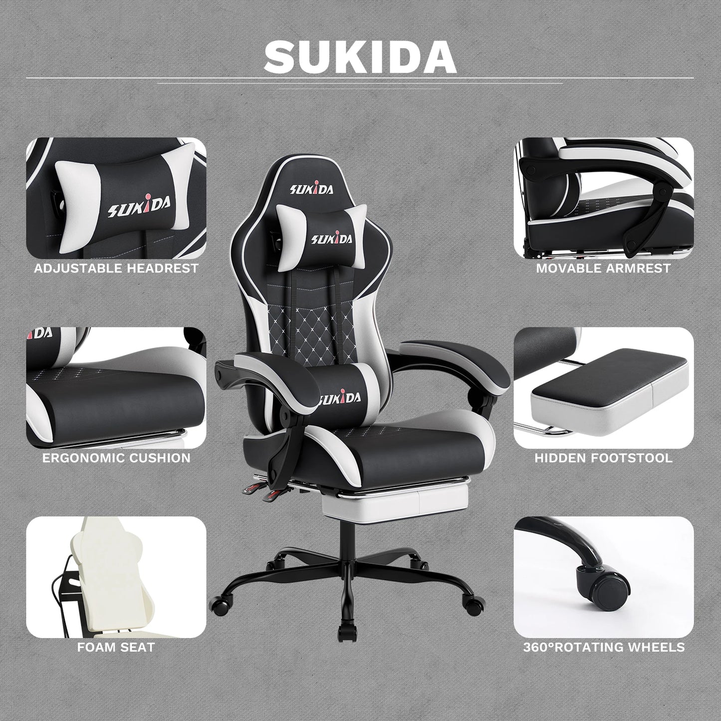 SUKIDA Gaming Chair Ergonomic Video Game Chair Comfortable Computer Chair with Footrest and Lumbar Support Office Chair