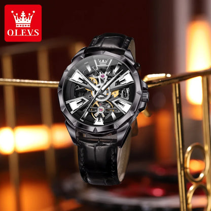 OLEVS 7051 Fashion Men's Watch Leather Strap 30M Waterproof Hollow HD Luminous Automatic Mechanical Wristwatch for Men