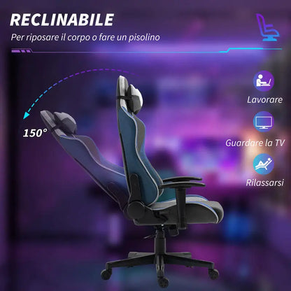 Gaming Chair Reclining 150 ° with Rocking Function, in Linen Effect Fabric, 66X53X128-138 Cm, Gray
