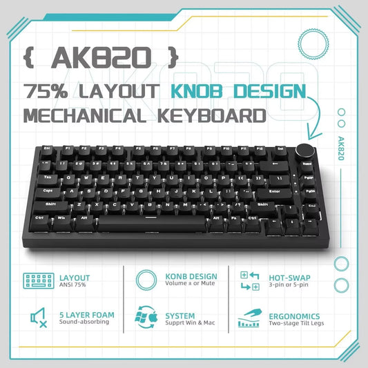 AJAZZ AK820 Wired Mechanical Keyboard Full-Key Hot-Swap Keyboard with Removable USB Port, White & Ice Blue Backlit Gaming Keyboard for PC