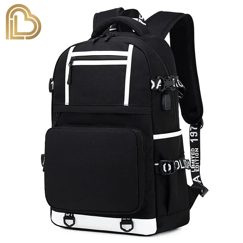 Mochila Red Jade F-Fortnited Battle Royale com carregamento USB, figuras anime e compartimento para material escolar para estudantes