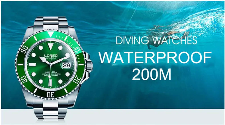 LOREO New Sapphire Glass Automatic Mechanical Watch Luxury Steel 200m Waterproof Business Watch Men Watches Reloj Hombre
