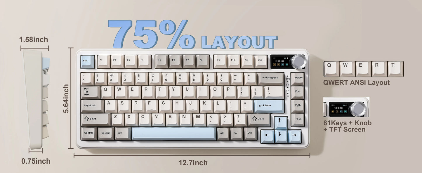 YUNZII B75 PRO MAX Wireless Mechanical Keyboard, QMK/VIA Custom 75% Gaming Keyboard with Screen&Knob, Creamy Sounds for Win/Mac