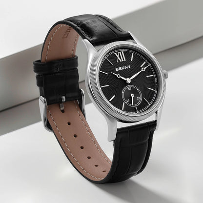 BERNY Men's Watches Luxury Classic Stylish Dress Quartz Watch Slim Stainless Steel Case Elegance Leather Strap Wristwatch