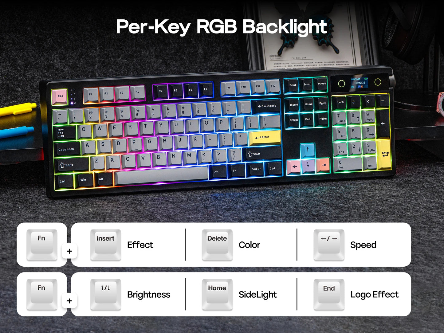 EPOMAKER TH108 PRO 100% Full-Sized Gasket-Mounted Wired/BT/2.4Ghz Wireless Mechanical Keyboard with Screen & Knob RGB Backlight