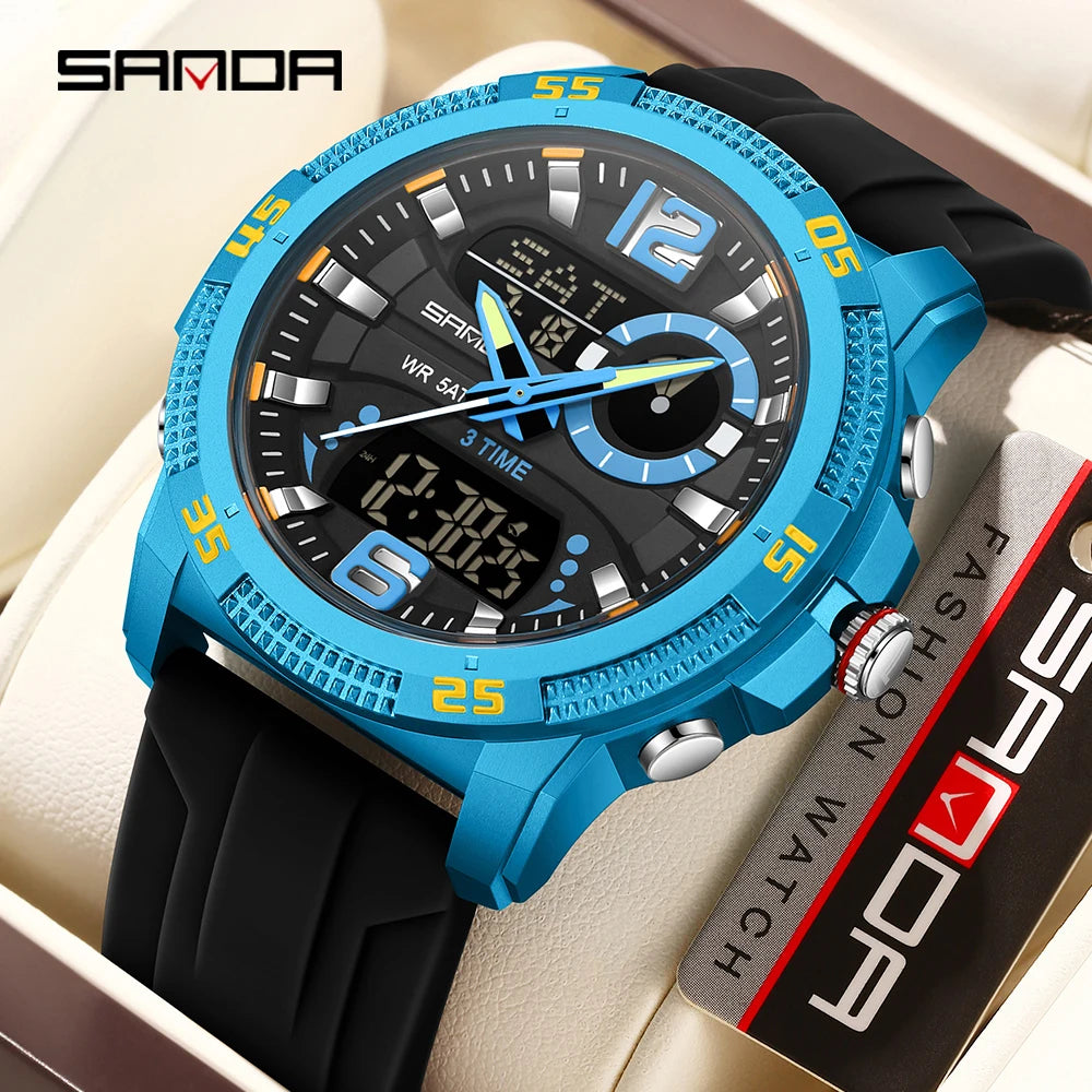 SANDA Fashion Luxury Men's Watches Dual Digital Display Sport Analog Quartz Man Wristwatch Casual Waterproof Silica Chronograph