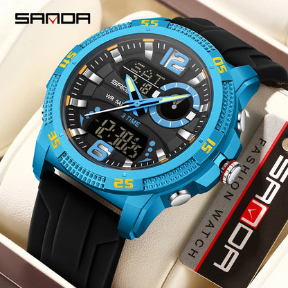SANDA Fashion Luxury Men's Watches Dual Digital Display Sport Analog Quartz Man Wristwatch Casual Waterproof Silica Chronograph