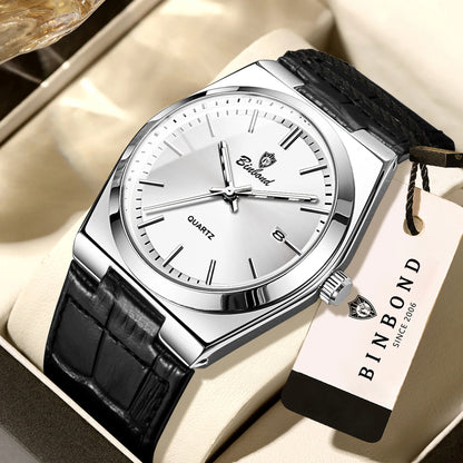 BINBOND luxury quartz wristwatch for men – Water-resistant, luminous, with automatic date – Professional, sporty, trendy and casual styles – Leather strap