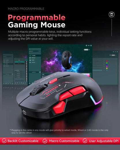 MKESPN W12 10-knappers makro-gamingmus til begge hænder, trådløs Bluetooth, multikanal, tri-mode, stor RGB, ergonomisk og ambidekstral