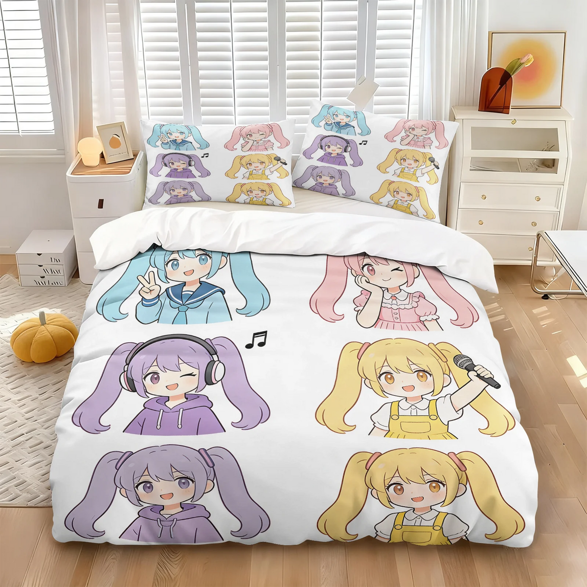 Hatsune Miku Chibi Style påslakanset – Söt anime-sängklädsel med örngott – Spelrum – Tonåringars och barns sovrumsinredning – Present till fans