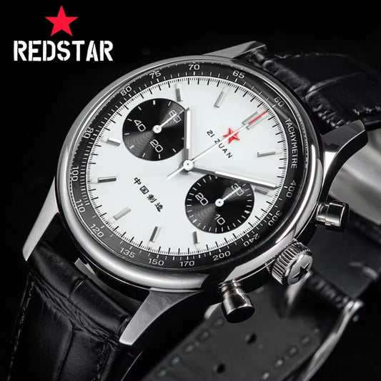 Red Star Panda Mens 1963 Chronograph Mechanical Wristwatch Seagull st1901 Movement Gooseneck 40mm Luminous Sapphire Pilot Watch